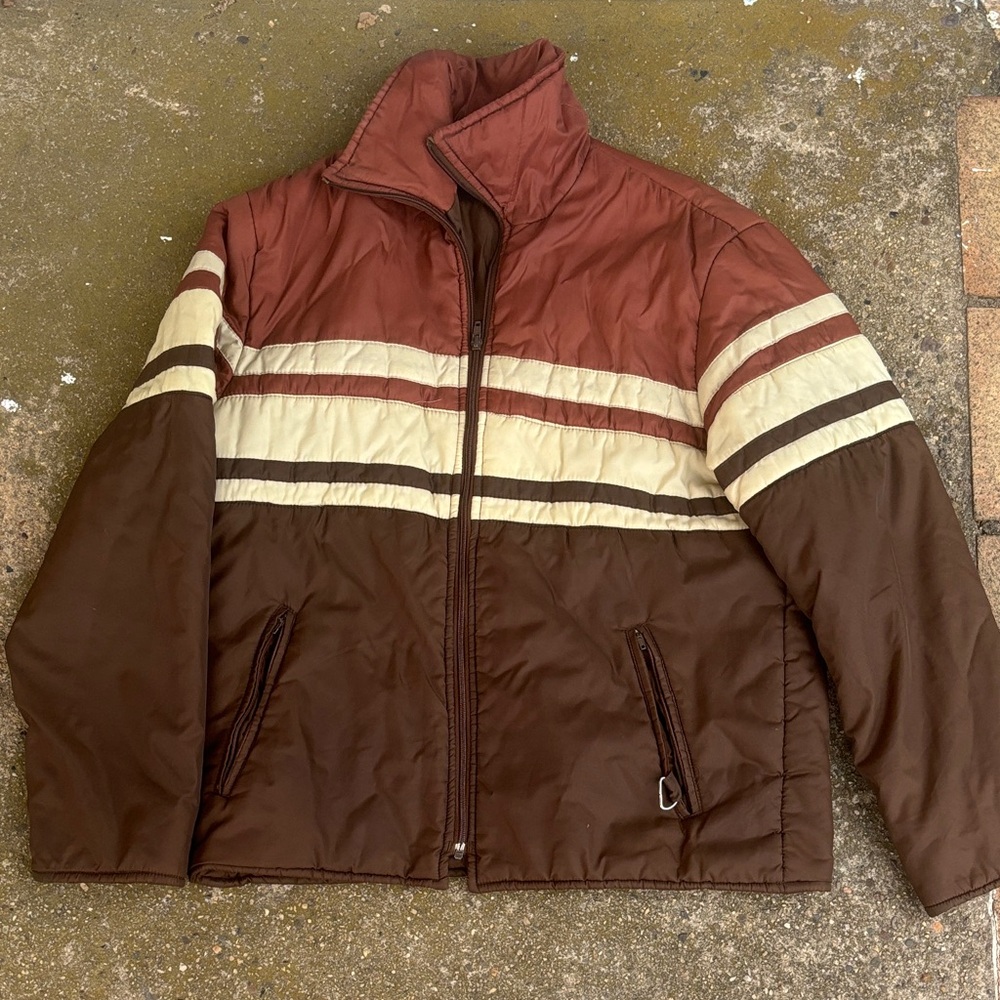Vintage 80s Stylish Men's Brown and Cream Puffer Jacket